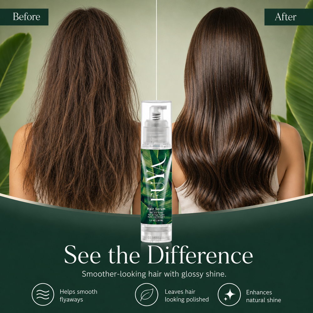 FUYA hair serum before-and-after graphic: frizzy hair, then smooth hair