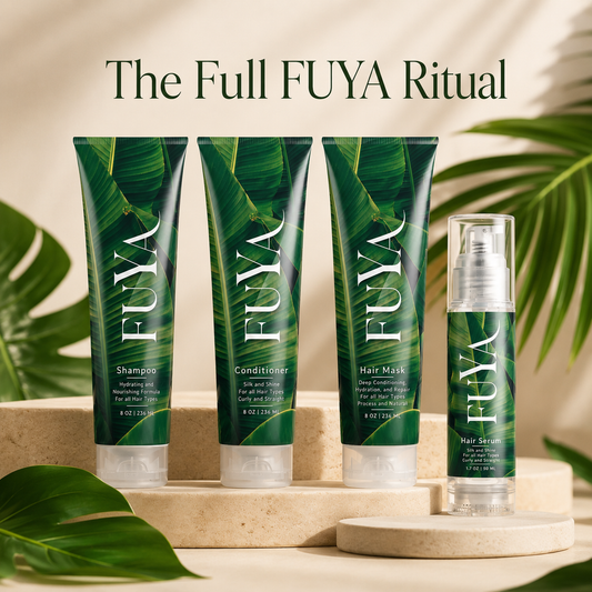 The four FUYA products: shampoo, conditioner, hair mask and hair serum