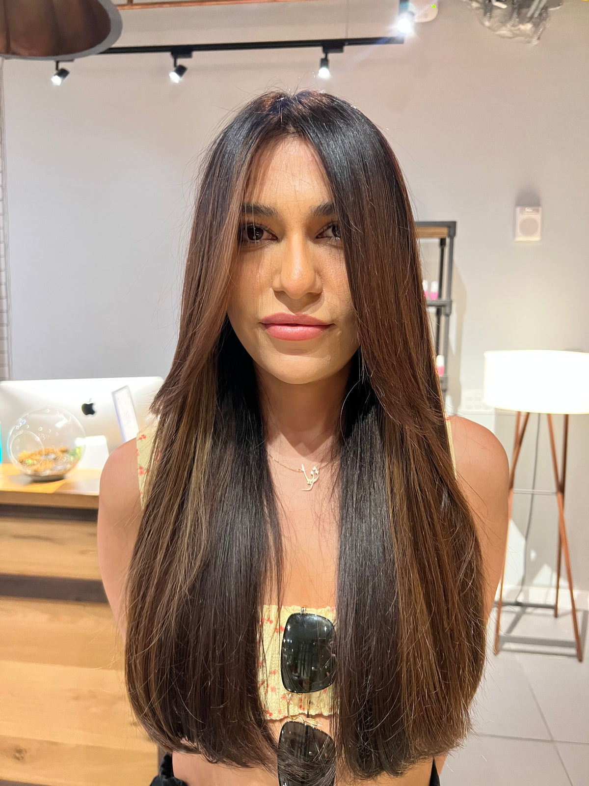 Long brunette hair with caramel face-framing pieces