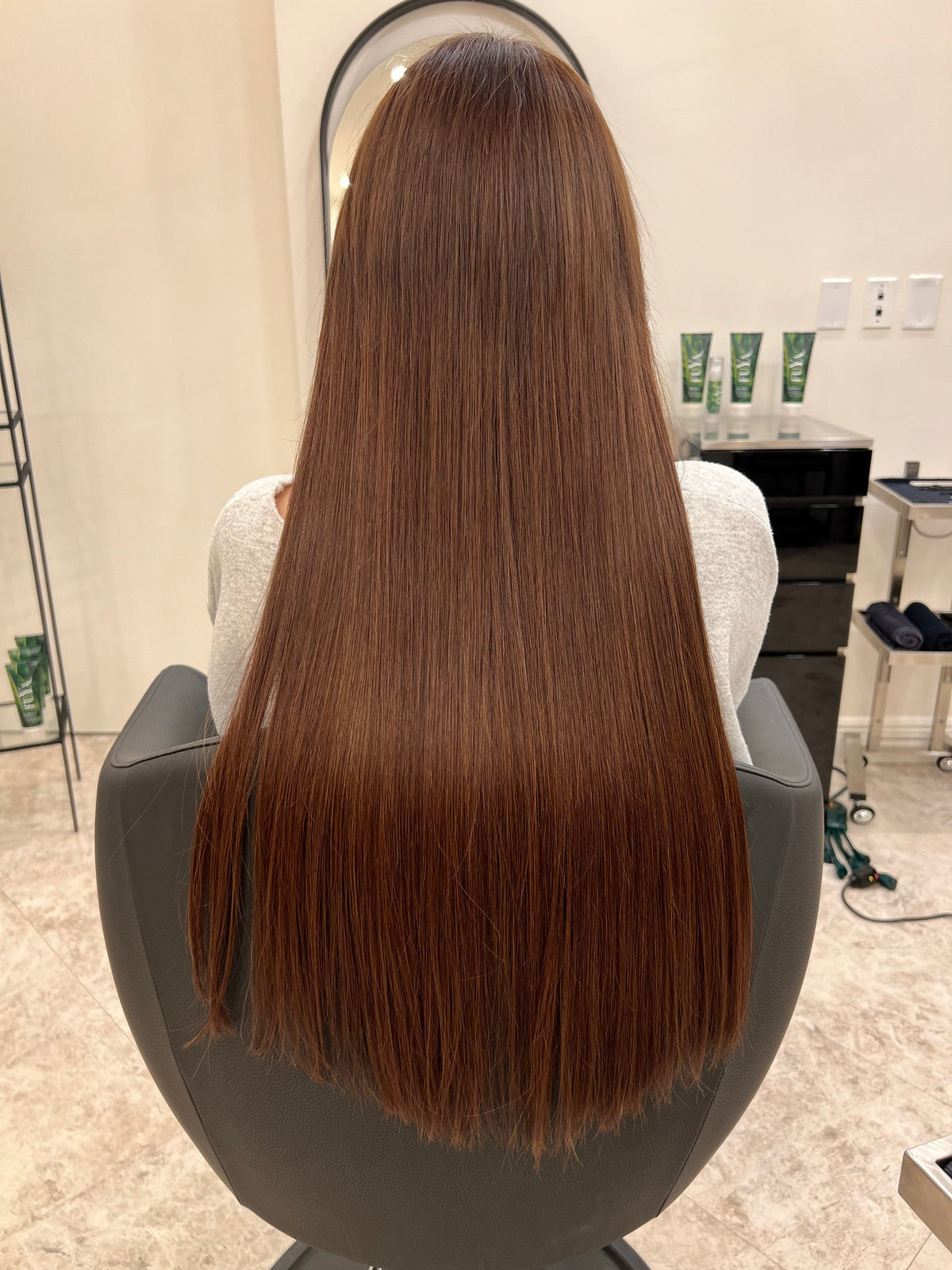 Long, sleek copper brown hair, back view