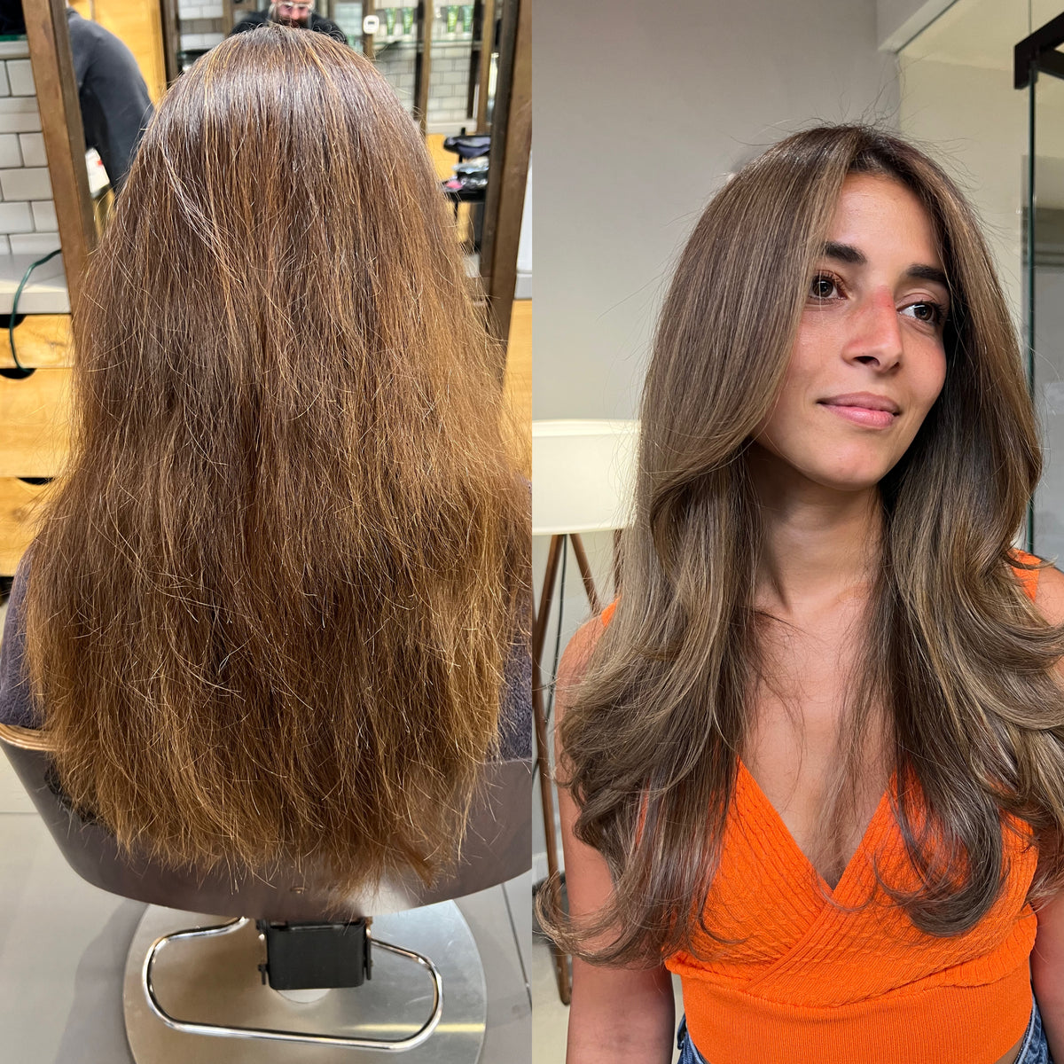 Before and after: long brown hair before and after a cut